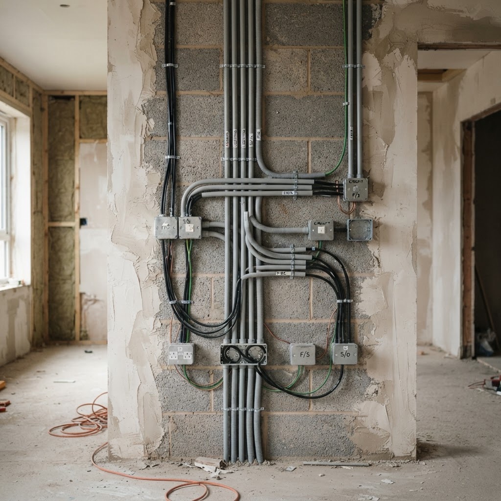 Elektroinstallation mit sauber verlegten Leerrohren in einer unverputzten Neubauwand